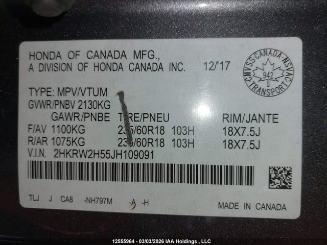 12555964 :رقم المزاد ، 2HKRW2H55JH109091 vin ، 2018 Honda Cr-v مزاد بيع