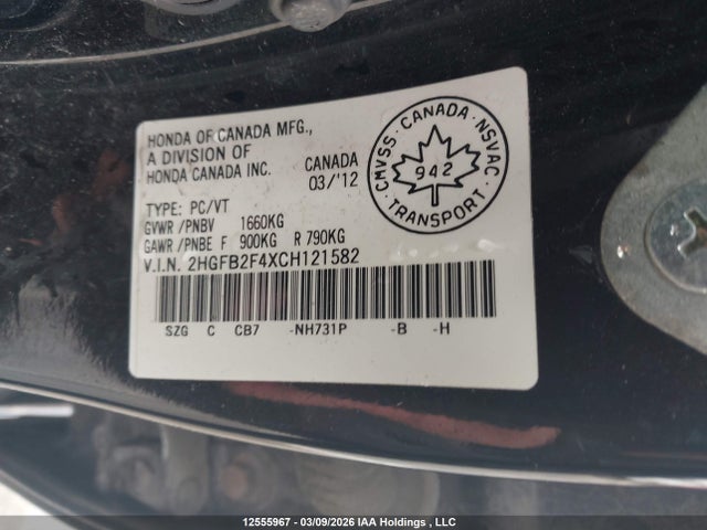 12555967 :رقم المزاد ، 2HGFB2F4XCH121582 vin ، 2012 Honda Civic مزاد بيع