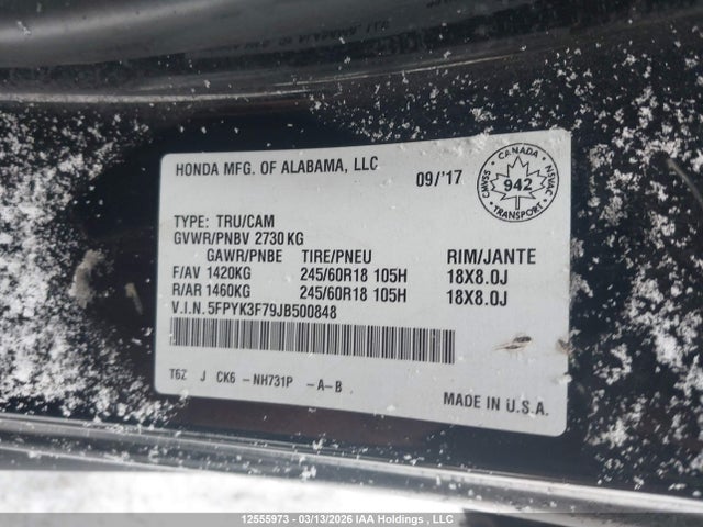 2018 Honda Ridgeline Rtl მანქანა იყიდება აუქციონზე, vin: 5FPYK3F79JB500848, აუქციონის ნომერი: 12555973