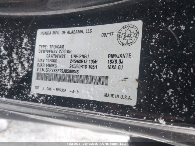 2018 Honda Ridgeline Rtl მანქანა იყიდება აუქციონზე, vin: 5FPYK3F79JB500848, აუქციონის ნომერი: 12555973