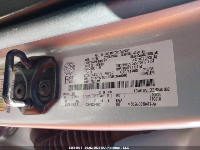 12555978 :رقم المزاد ، 1FTEW1E82GKD68090 vin ، 2016 Ford F150 Supercrew مزاد بيع