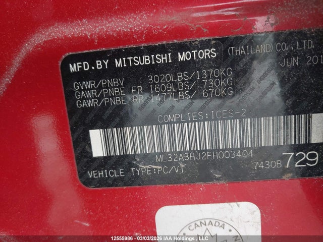 Продаж на аукціоні авто 2015 Mitsubishi Mirage De, vin: ML32A3HJ2FH003404, номер лоту: 12555986