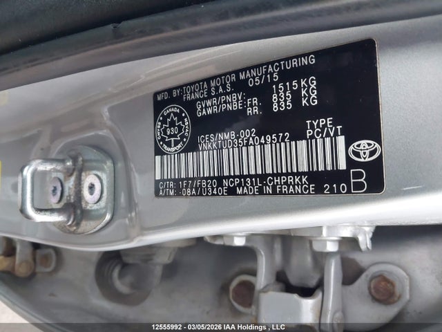 Aukcja sprzedaży 2015 Toyota Yaris Le, vin: VNKKTUD35FA049572, numer aukcji: 12555992