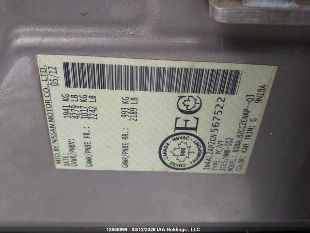 12555999 :رقم المزاد ، 1N4AL2AP2CN567522 vin ، 2012 Nissan Altima 2.5 S مزاد بيع