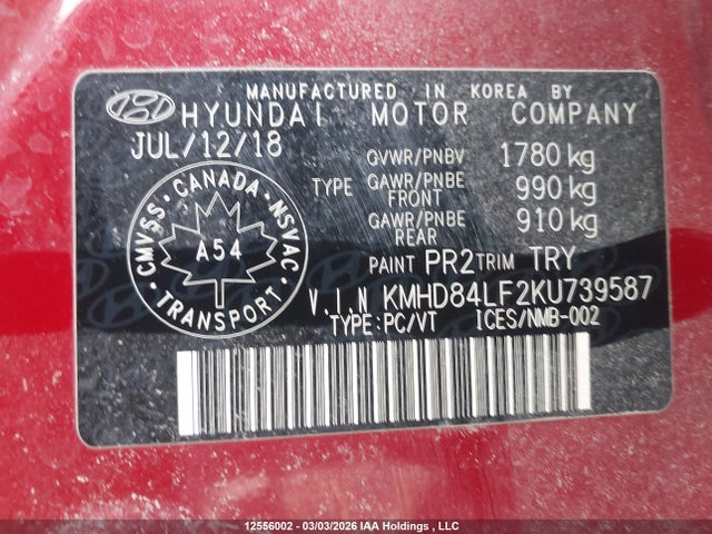 Продаж на аукціоні авто 2019 Hyundai Elantra Preferred, vin: KMHD84LF2KU739587, номер лоту: 12556002