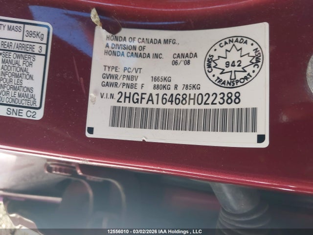 Aukcja sprzedaży 2008 Honda Civic Dx-g, vin: 2HGFA16468H022388, numer aukcji: 12556010