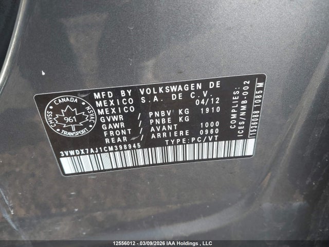 12556012 :رقم المزاد ، 3VWDX7AJ1CM398945 vin ، 2012 Volkswagen Jetta Se مزاد بيع