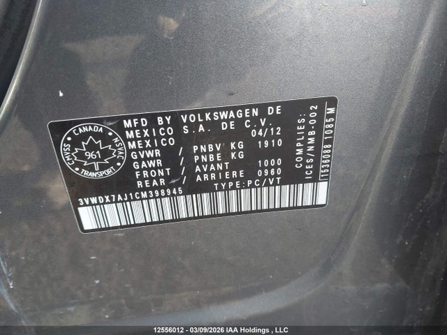 12556012 :رقم المزاد ، 3VWDX7AJ1CM398945 vin ، 2012 Volkswagen Jetta Se مزاد بيع
