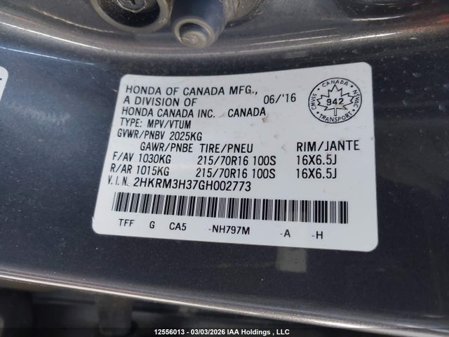 Aukcja sprzedaży 2016 Honda Cr-v Lx, vin: 2HKRM3H37GH002773, numer aukcji: 12556013