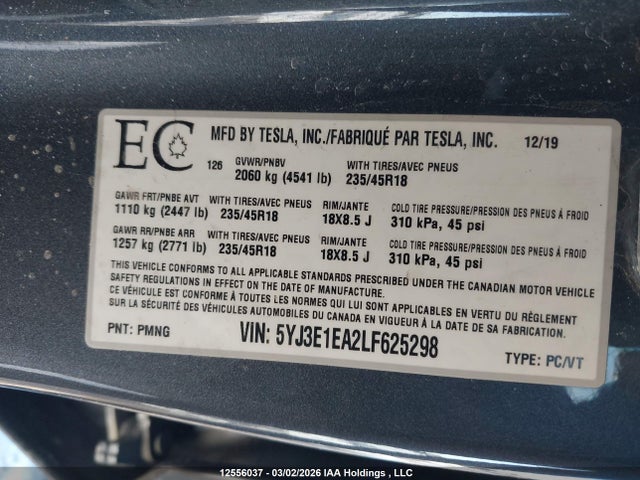 5YJ3E1EA2LF625298 Tesla MODEL 3