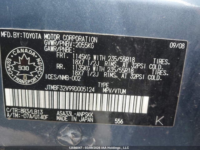 12556047 :رقم المزاد ، JTMBF32V99D005124 vin ، 2009 Toyota Rav4 Sport مزاد بيع