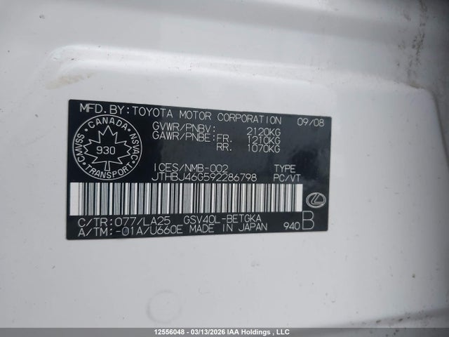 Auction sale of the 2009 Lexus Es 350 350, vin: JTHBJ46G592286798, lot number: 12556048