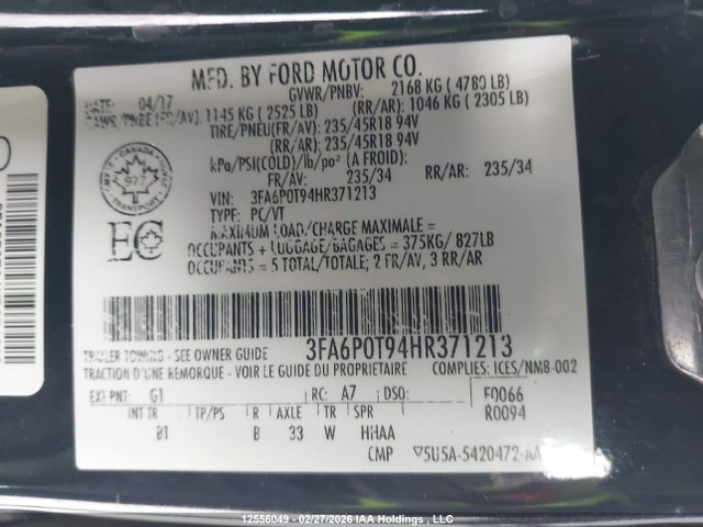 Продажа на аукционе авто 2017 Ford Fusion Se, vin: 3FA6P0T94HR371213, номер лота: 12556049