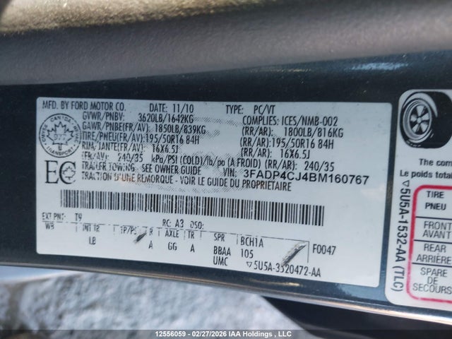 12556059 :رقم المزاد ، 3FADP4CJ4BM160767 vin ، 2011 Ford Fiesta Sel مزاد بيع