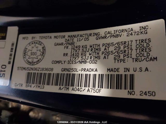 12556064 :رقم المزاد ، 5TEMU52N36Z183608 vin ، 2006 Toyota Tacoma Double Cab Long Bed مزاد بيع
