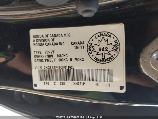 12556075 :رقم المزاد ، 2HGFB2F42CH011626 vin ، 2012 Honda Civic Lx مزاد بيع