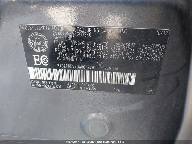 12556077 :رقم المزاد ، 2T3ZFREVXDW061226 vin ، 2013 Toyota Rav4 مزاد بيع