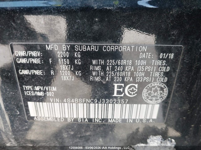 12556086 :رقم المزاد ، 4S4BSFNC9J3302357 vin ، 2018 Subaru Outback 3.6r Limited مزاد بيع