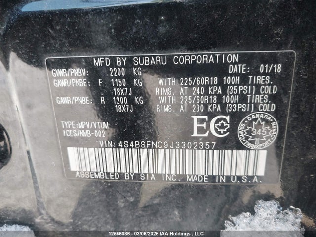 12556086 :رقم المزاد ، 4S4BSFNC9J3302357 vin ، 2018 Subaru Outback 3.6r Limited مزاد بيع