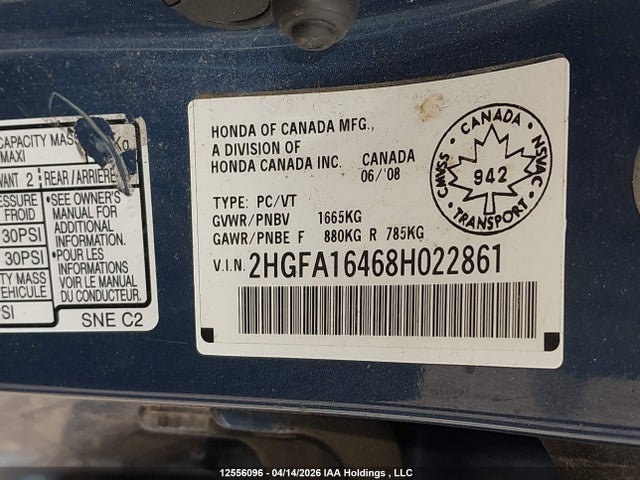 Aukcja sprzedaży 2008 Honda Civic Dx-g, vin: 2HGFA16468H022861, numer aukcji: 12556096