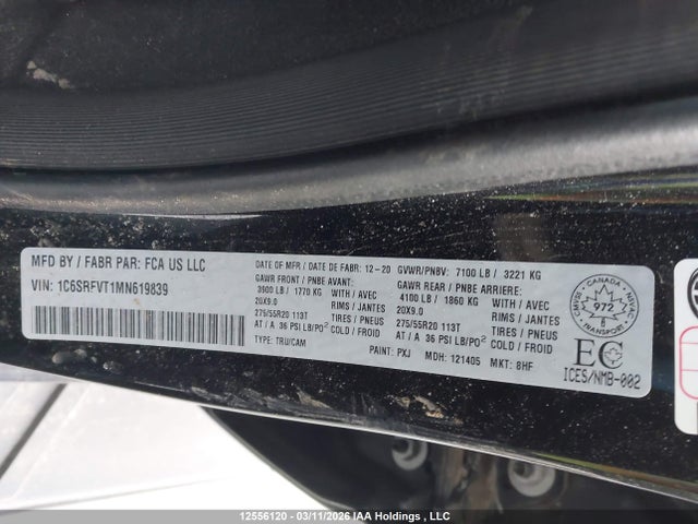 12556120 :رقم المزاد ، 1C6SRFVT1MN619839 vin ، 2021 Ram 1500 Sport مزاد بيع