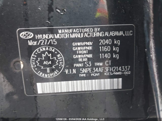 2015 Hyundai Sonata Sport მანქანა იყიდება აუქციონზე, vin: 5NPE34AF3FH214337, აუქციონის ნომერი: 12556126