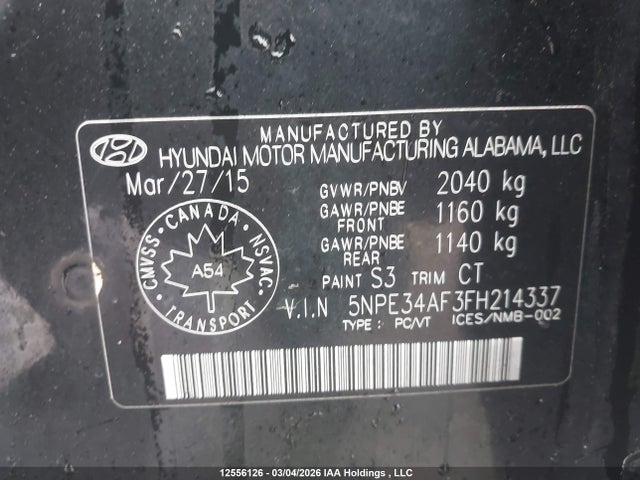 2015 Hyundai Sonata Sport მანქანა იყიდება აუქციონზე, vin: 5NPE34AF3FH214337, აუქციონის ნომერი: 12556126