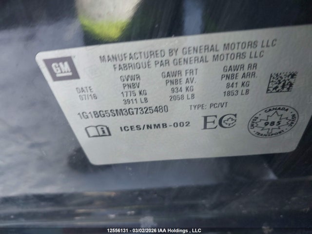 1G1BG5SM3G7325480 Chevrolet Cruze Premier Auto