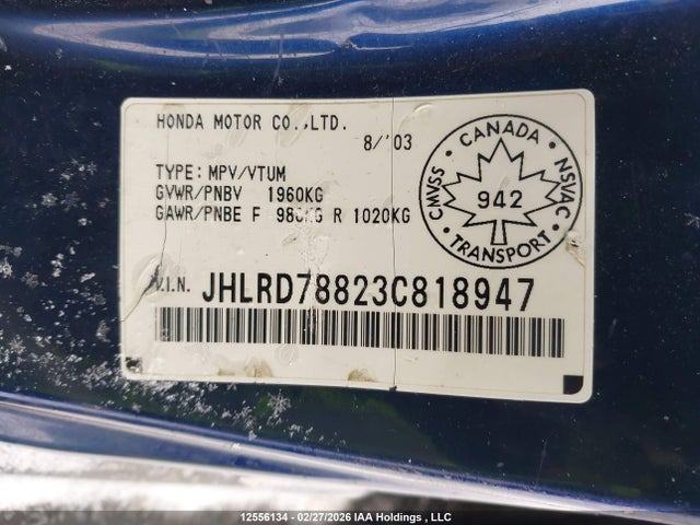 Aukcja sprzedaży 2003 Honda Cr-v Ex, vin: JHLRD78823C818947, numer aukcji: 12556134