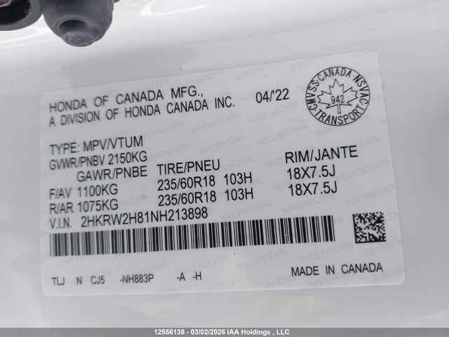 2HKRW2H81NH213898 Honda CR-V