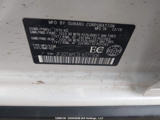 2020 Subaru Crosstrek Premium მანქანა იყიდება აუქციონზე, vin: JF2GTAPC2L8227306, აუქციონის ნომერი: 12556139