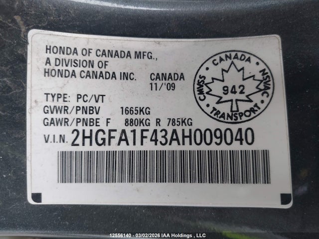 Aukcja sprzedaży 2010 Honda Civic Dx-g, vin: 2HGFA1F43AH009040, numer aukcji: 12556140