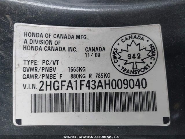 Aukcja sprzedaży 2010 Honda Civic Dx-g, vin: 2HGFA1F43AH009040, numer aukcji: 12556140
