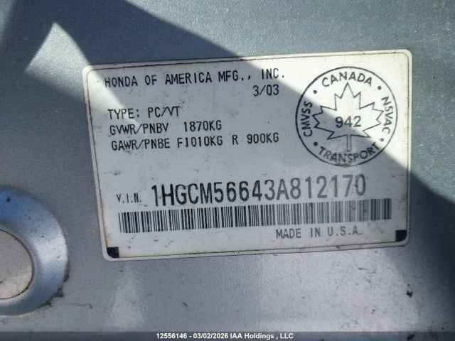 Продаж на аукціоні авто 2003 Honda Accord, vin: 1HGCM56643A812170, номер лоту: 12556146