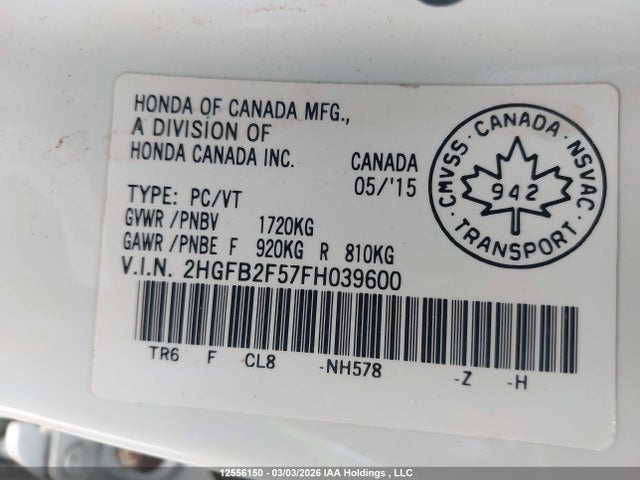 Aukcja sprzedaży 2015 Honda Civic Ex, vin: 2HGFB2F57FH039600, numer aukcji: 12556150