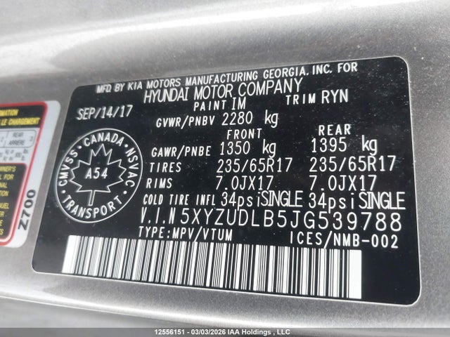 5XYZUDLB5JG539788 Hyundai Santa Fe