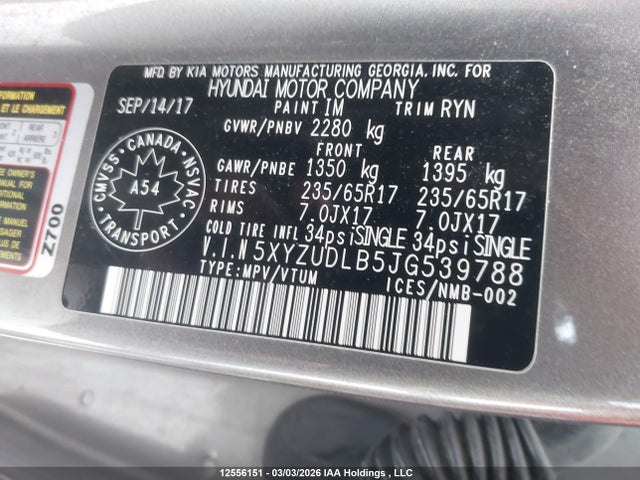 5XYZUDLB5JG539788 Hyundai Santa Fe