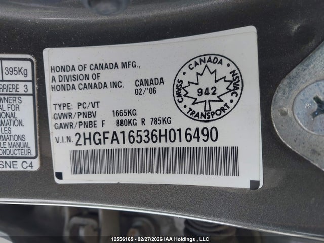 12556165 :رقم المزاد ، 2HGFA16536H016490 vin ، 2006 Honda Civic Lx مزاد بيع