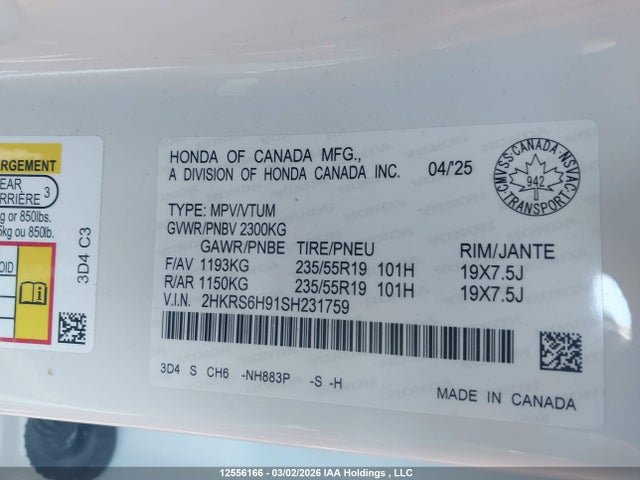 Продаж на аукціоні авто 2025 Honda Cr-v Sport Touring, vin: 2HKRS6H91SH231759, номер лоту: 12556166