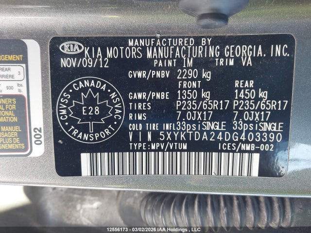 Aukcja sprzedaży 2013 Kia Sorento Lx, vin: 5XYKTDA24DG403390, numer aukcji: 12556173