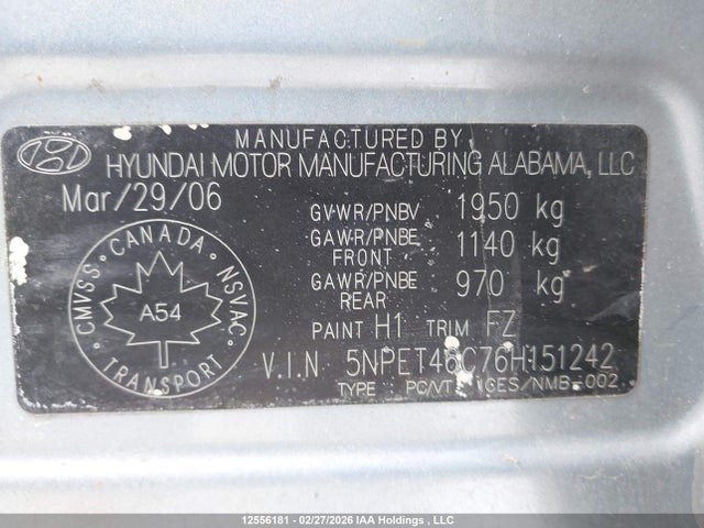 2006 Hyundai Sonata Gl მანქანა იყიდება აუქციონზე, vin: 5NPET46C76H151242, აუქციონის ნომერი: 12556181