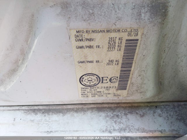 1N4AL3AP7JC258921 Nissan Altima 2.5 S/2.5 Sl Tech/2.5 Sv