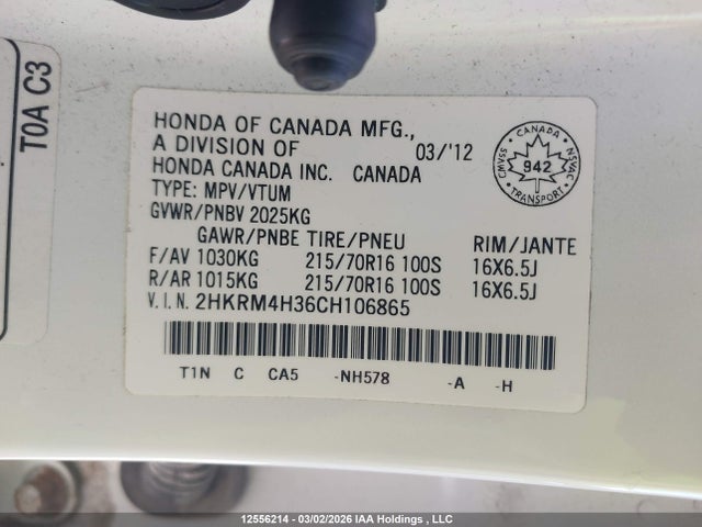 Aukcja sprzedaży 2012 Honda Cr-v Lx, vin: 2HKRM4H36CH106865, numer aukcji: 12556214