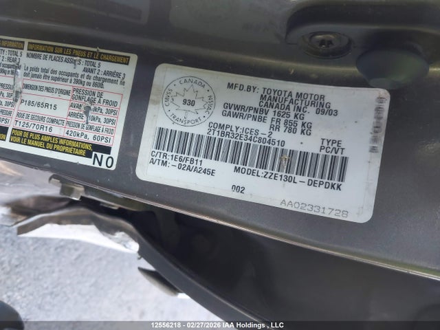 12556218 :رقم المزاد ، 2T1BR32E34C804510 vin ، 2004 Toyota Corolla Ce/le/sport مزاد بيع