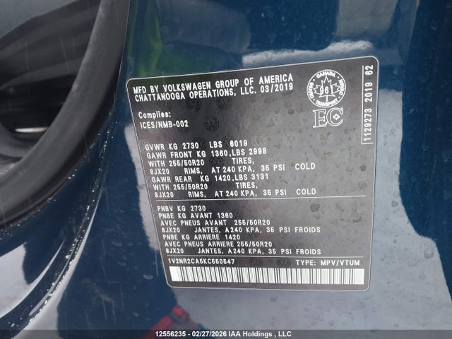 12556235 :رقم المزاد ، 1V2NR2CA5KC550547 vin ، 2019 Volkswagen Atlas 3.6 Fsi Execline مزاد بيع