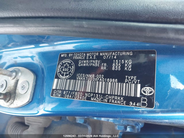 2015 Toyota Yaris Le მანქანა იყიდება აუქციონზე, vin: VNKKTUD3XFA016986, აუქციონის ნომერი: 12556243