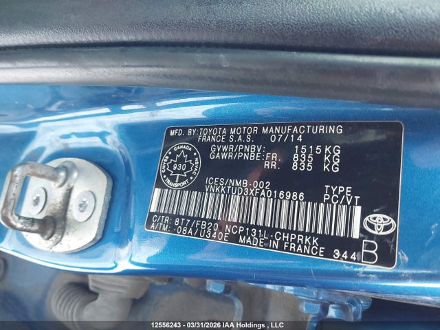 2015 Toyota Yaris Le მანქანა იყიდება აუქციონზე, vin: VNKKTUD3XFA016986, აუქციონის ნომერი: 12556243