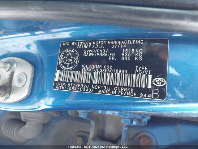 2015 Toyota Yaris Le მანქანა იყიდება აუქციონზე, vin: VNKKTUD3XFA016986, აუქციონის ნომერი: 12556243