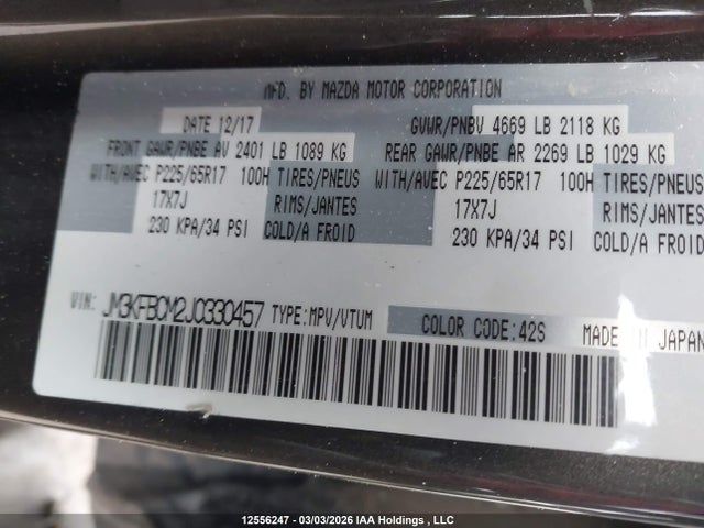 Aukcja sprzedaży 2018 Mazda Cx-5 Touring, vin: JM3KFBCM2J0330457, numer aukcji: 12556247