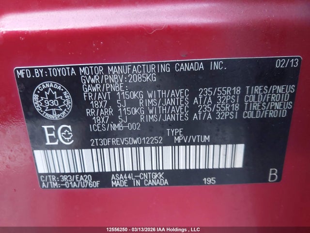 12556250 :رقم المزاد ، 2T3DFREV5DW012252 vin ، 2013 Toyota Rav4 Limited مزاد بيع